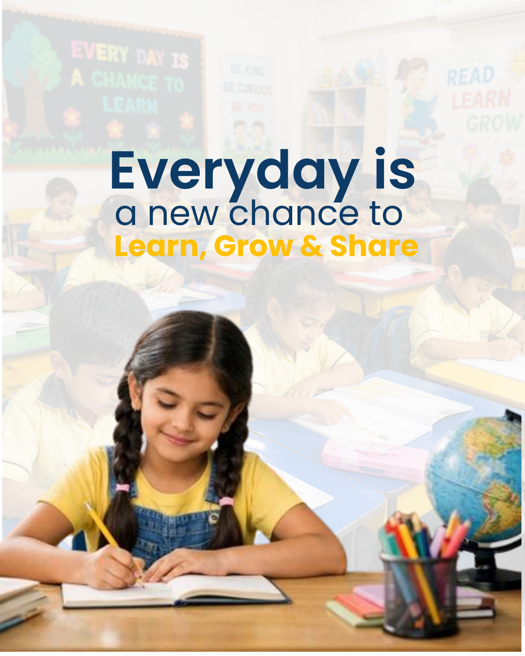 Yellow and blue school poster with an achievement message and children studying